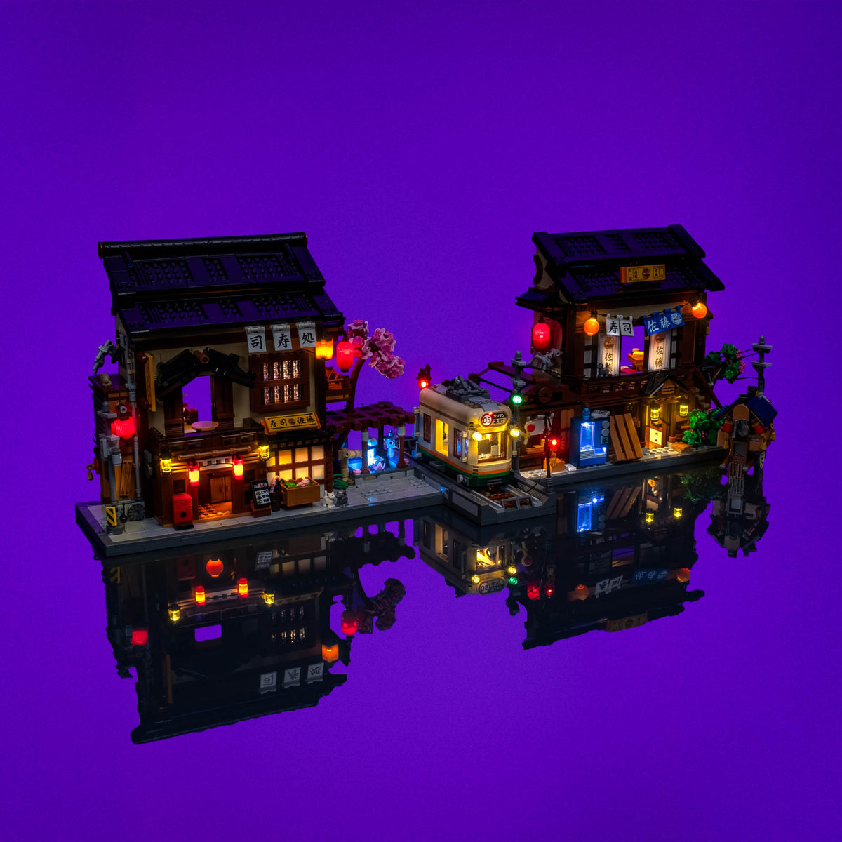 Vollständig beleuchtete Strassenszene des LEGO® BrickLink Sushi Restaurant