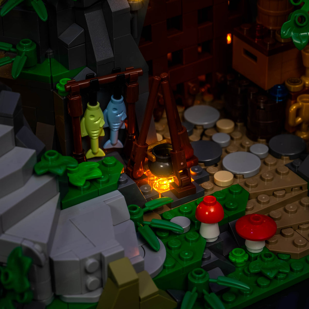 Bright campfire inside the Outlaw Forest Den