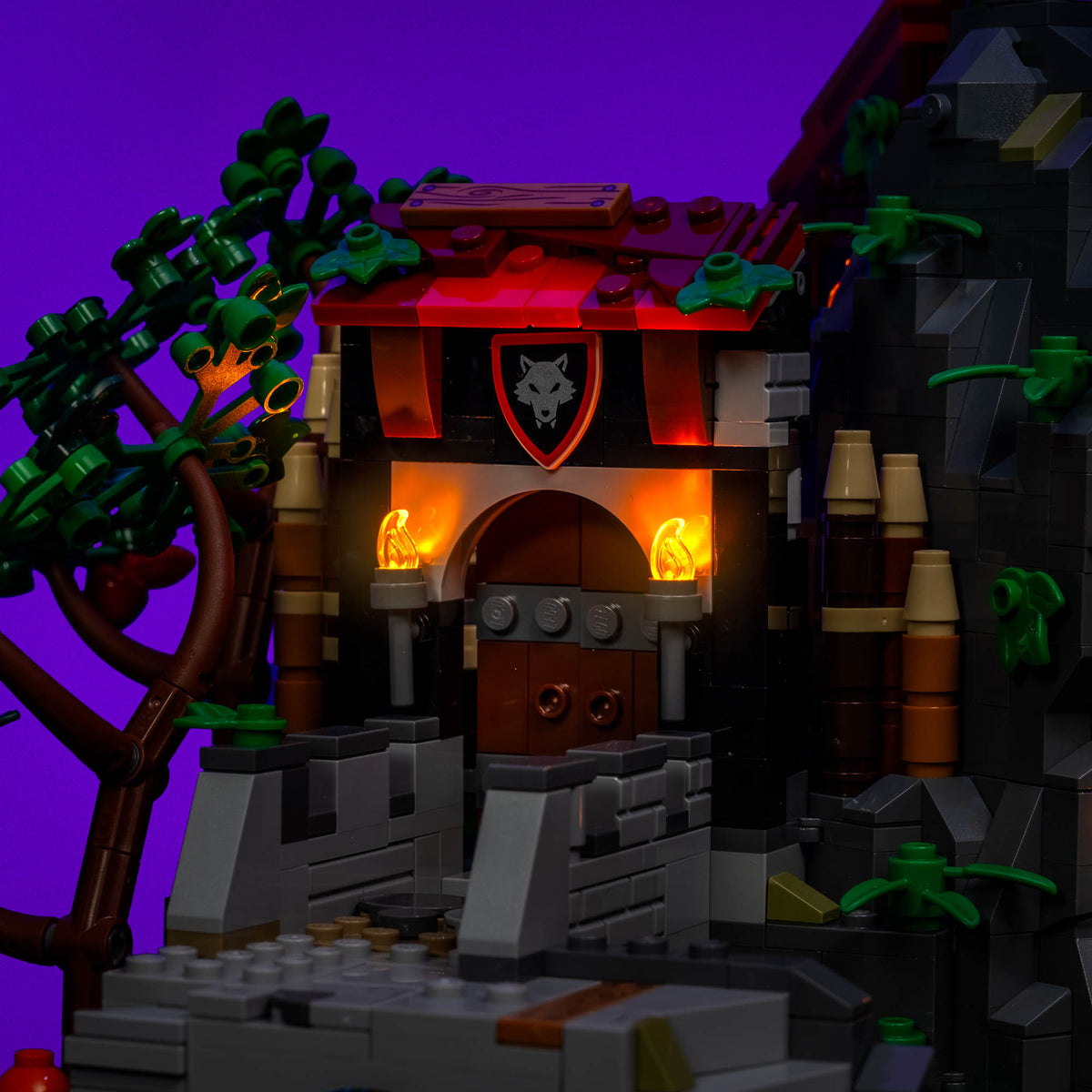 Flickering wall torches at the entrance to the Outlaw Forest Den