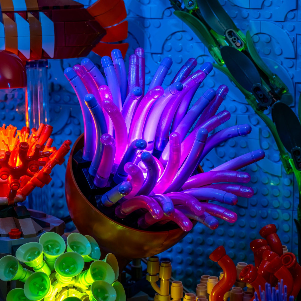 Violett und pink beleuchtete Korallen im LEGO® Tropischen Aquarium
