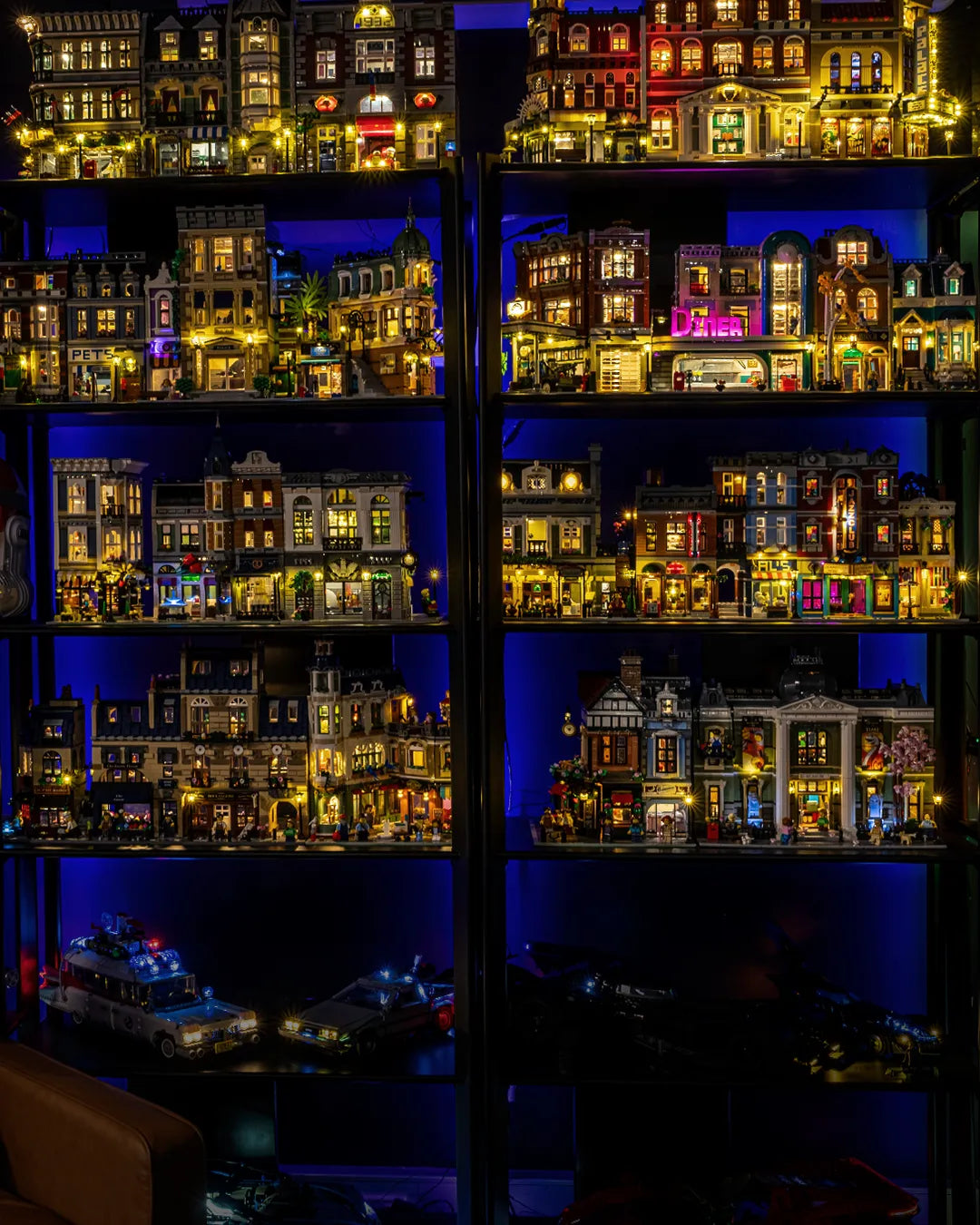 LEGO Modular Buildings collection lit with Light My Bricks LED light kits (mobile banner)